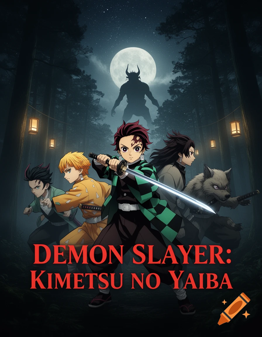 An anime-style movie poster for Demon Slayer, featuring Tanjiro and other characters in a dark forest under a full moon with a silhouetted demon.
