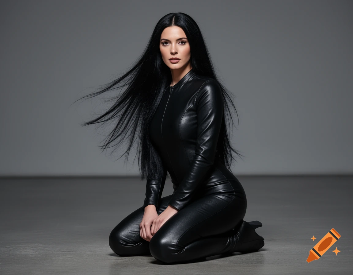 A woman with long black hair in a black leather jumpsuit kneels on a gray floor in a photorealistic studio portrait.