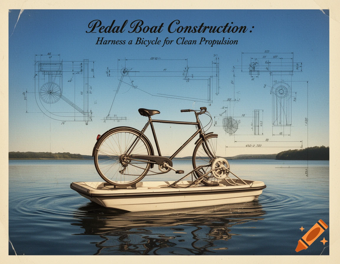 A vintage-style construction manual poster titled "Pedal Boat Construction" with a bicycle mounted on a small boat on a lake.