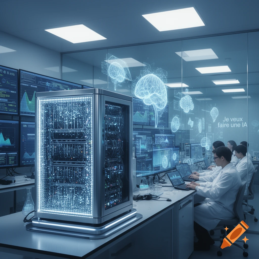 Scientists work in a futuristic lab with a glowing server, holographic brains, and data screens. Text on glass reads 'Je veux faire une IA'.