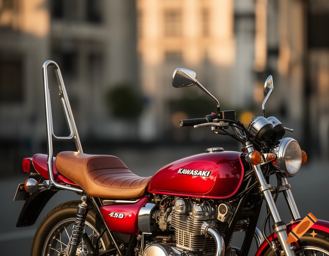 A close-up, photorealistic shot of a red Kawasaki motorcycle with a brown seat and a tall sissy bar, parked outside.