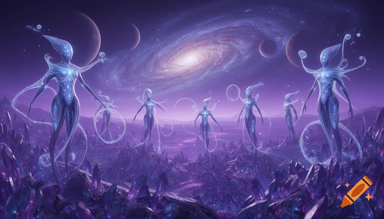 Bioluminescent alien beings on a purple crystalline planet under a cosmic sky with a spiral galaxy and moons.