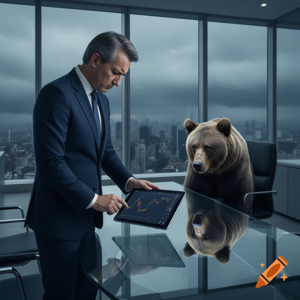 A businessman in a suit looks at a stock chart on a tablet while a bear sits in an office chair in a modern high-rise office.