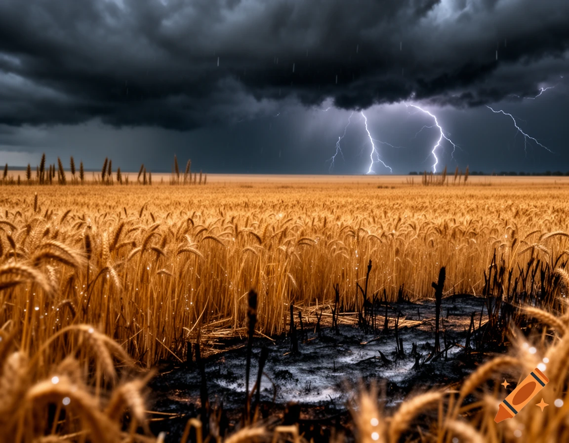 A golden wheat field under a stormy sky with lightning striking in the distance and scorched earth in the foreground.