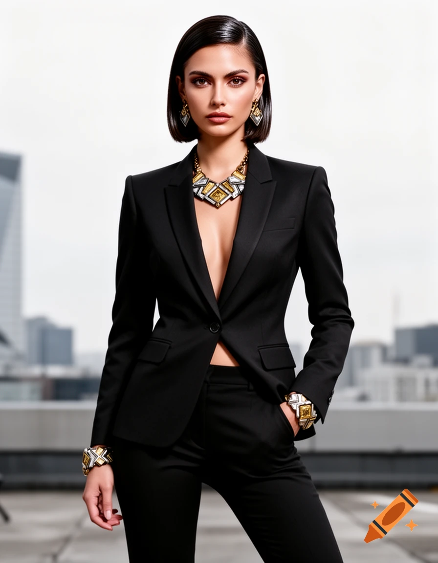 A woman in a sleek black pantsuit with a deep V-neck, accessorized with striking gold and silver geometric jewelry, stands on a rooftop.