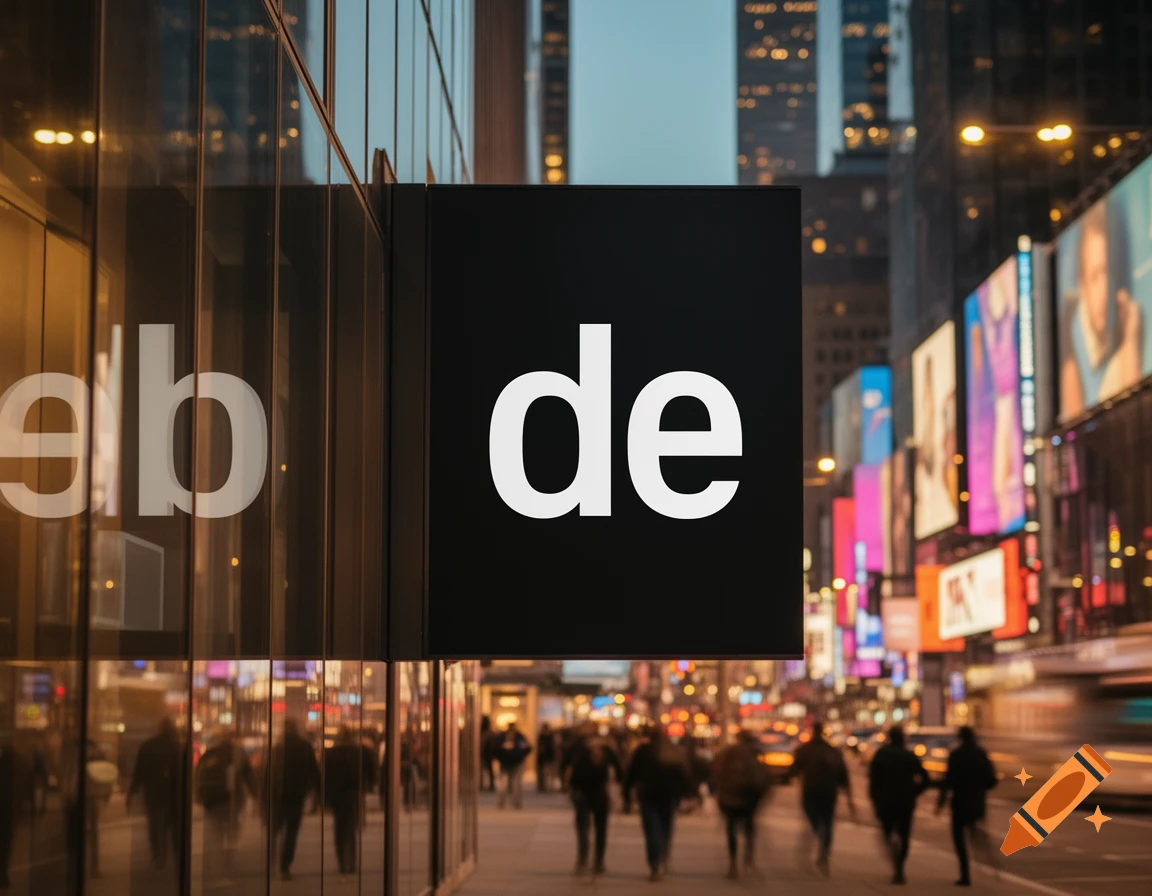 A black sign with white 'de' text on a glass building facade, reflecting text, overlooking a bustling city street at night with blurred lights and pedestrians.