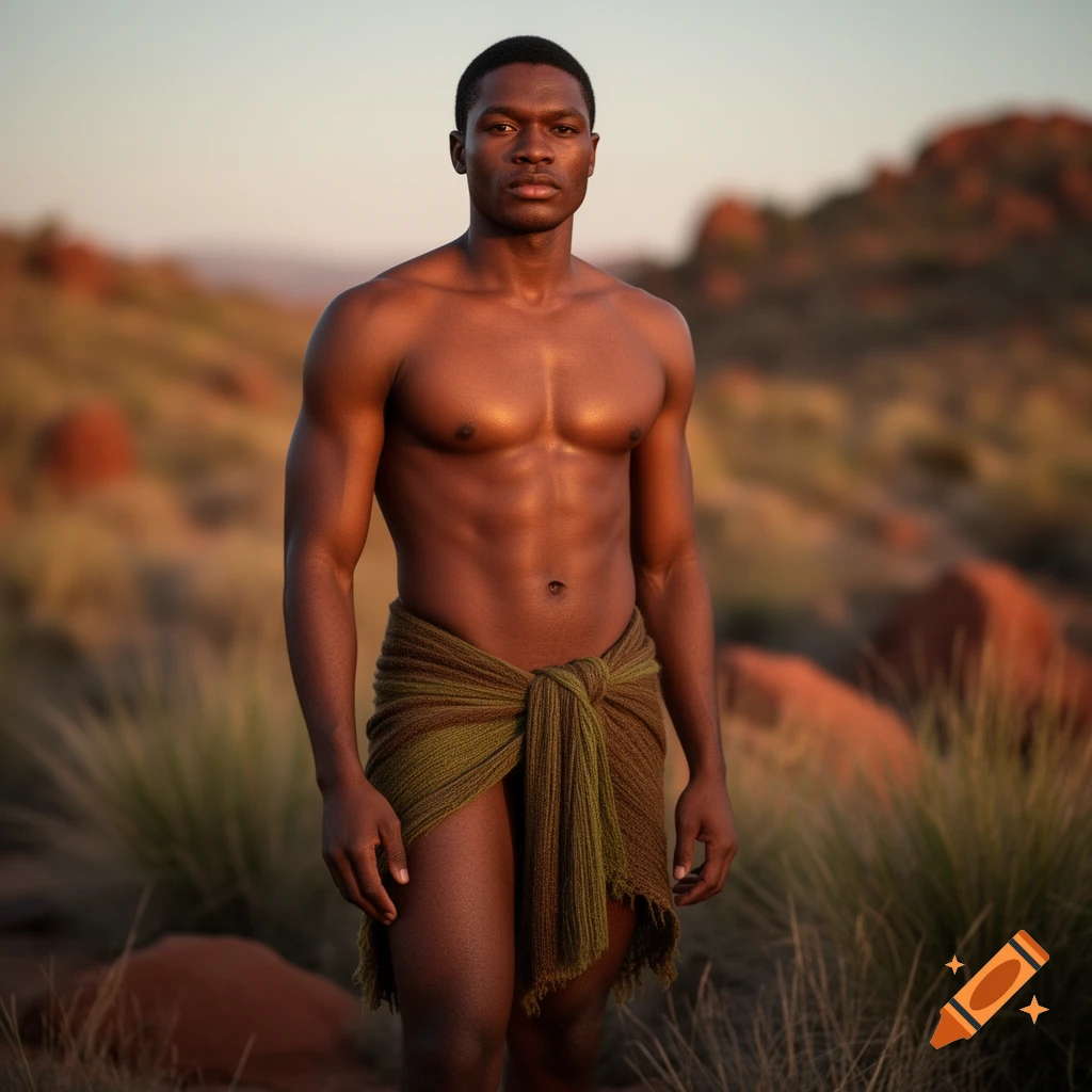 Photorealistic image of a muscular Black man standing outdoors in a desert landscape, wearing a green and brown loincloth.