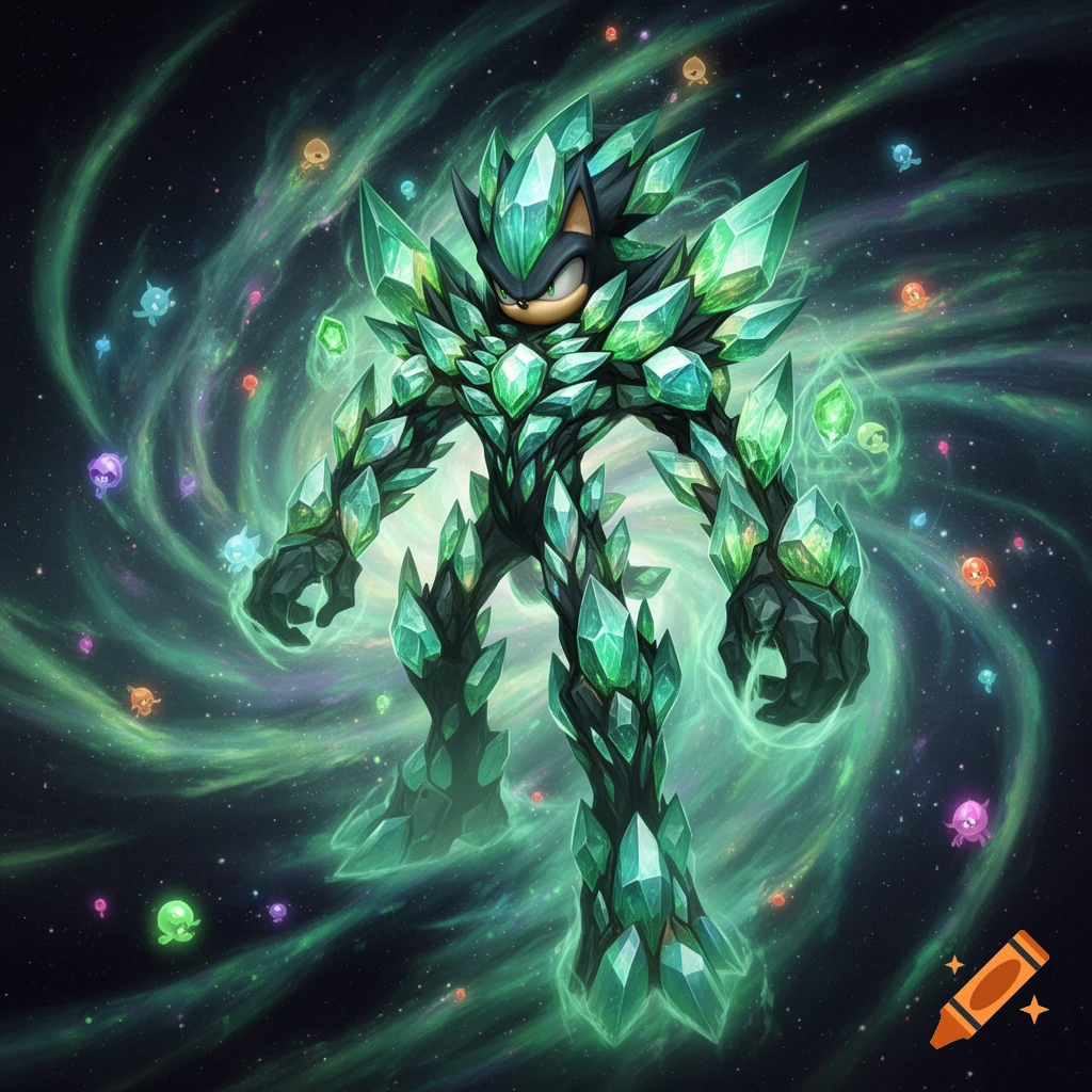 A crystal-armored Sonic-like character stands in a swirling green nebula with colorful wisps in space.