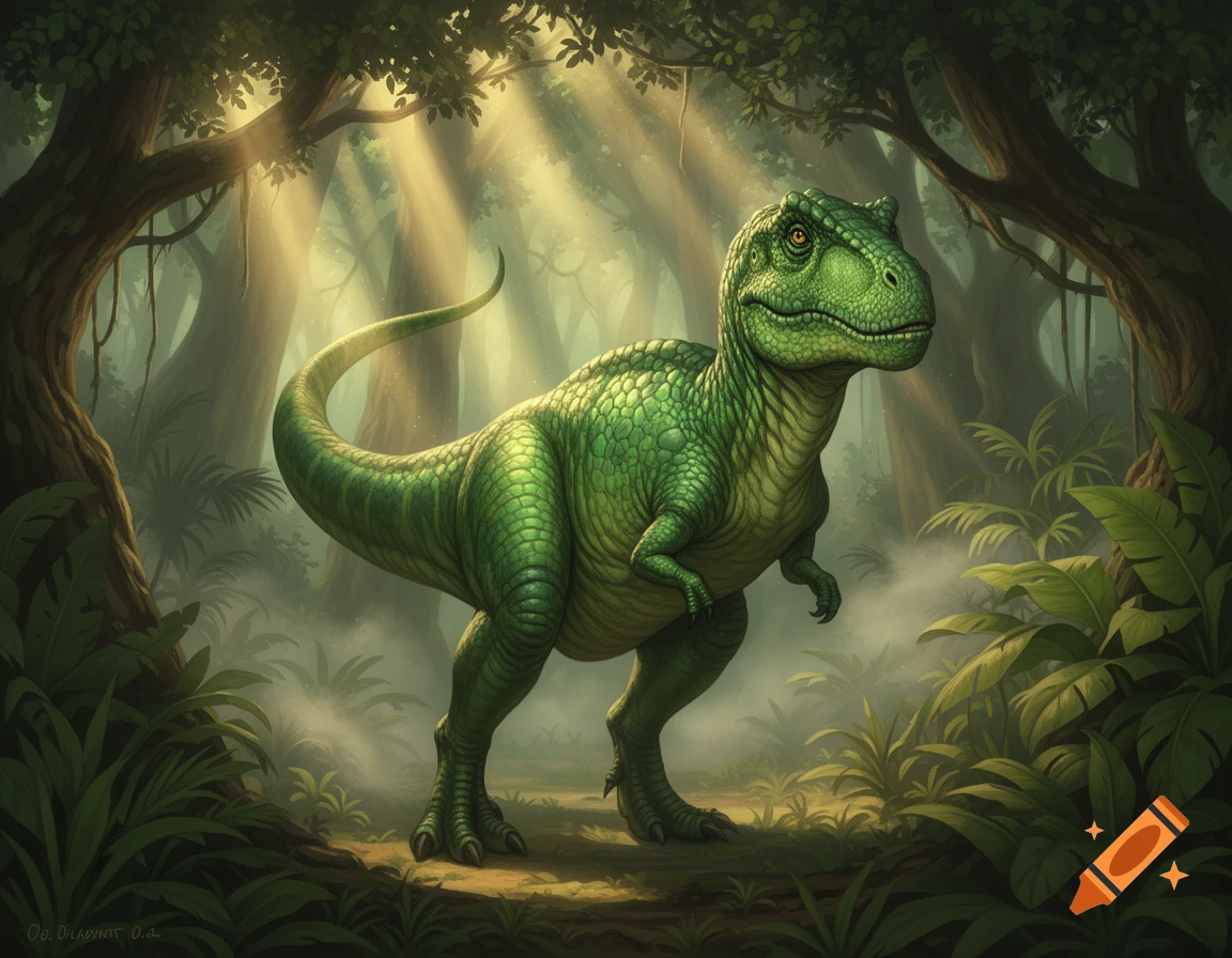A vibrant green dinosaur, resembling a Tyrannosaurus Rex, stands in a lush, misty jungle with sun rays filtering through trees.