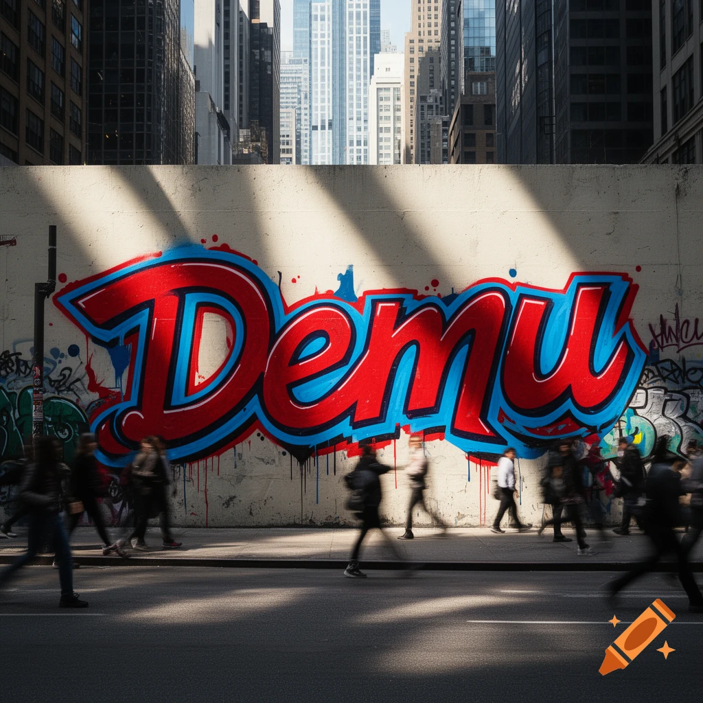 Photorealistic shot of red and blue graffiti spelling 'Demu' on an urban wall, with blurred pedestrians and skyscrapers in the background.