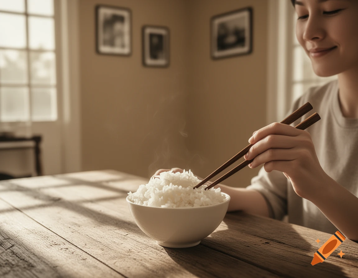 A photorealistic image of a person eating steaming white rice with chopsticks at a wooden table in warm sunlight.