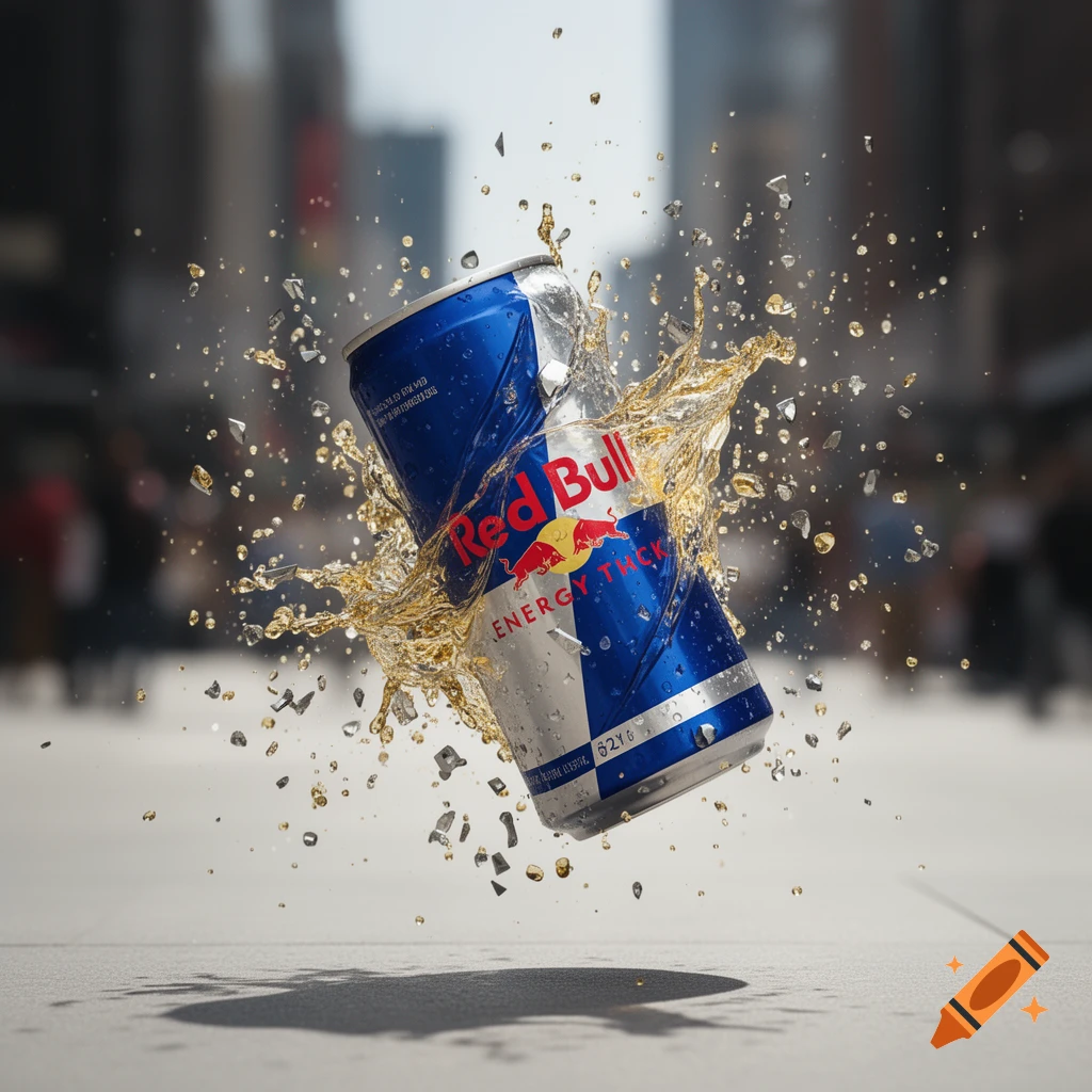 Photorealistic image of a Red Bull can bursting, surrounded by splashing liquid and fragments, in a blurred city background.