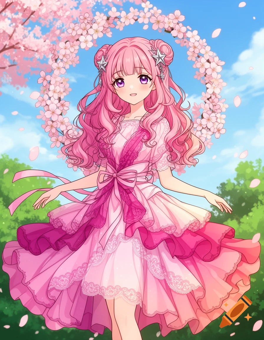 An anime girl with pink hair and purple eyes wears a layered pink dress, standing under a large wreath of cherry blossoms in a vibrant, sunny setting.