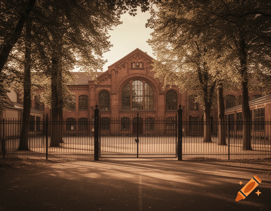 An old brick school building with large arched windows, viewed through a tall metal fence framed by lush trees and warm light.