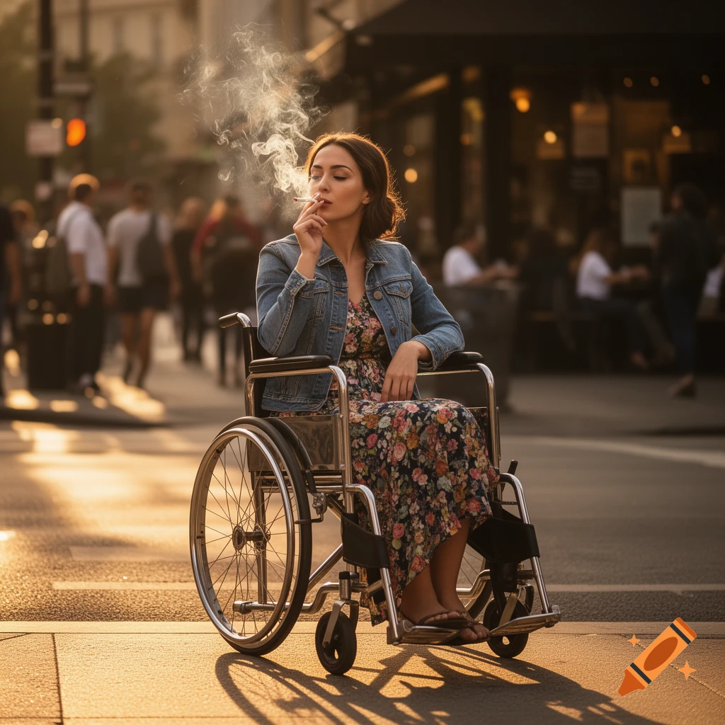 A woman in a floral dress and denim jacket sits in a wheelchair on a city street, smoking a cigarette. Golden hour light illuminates the scene.