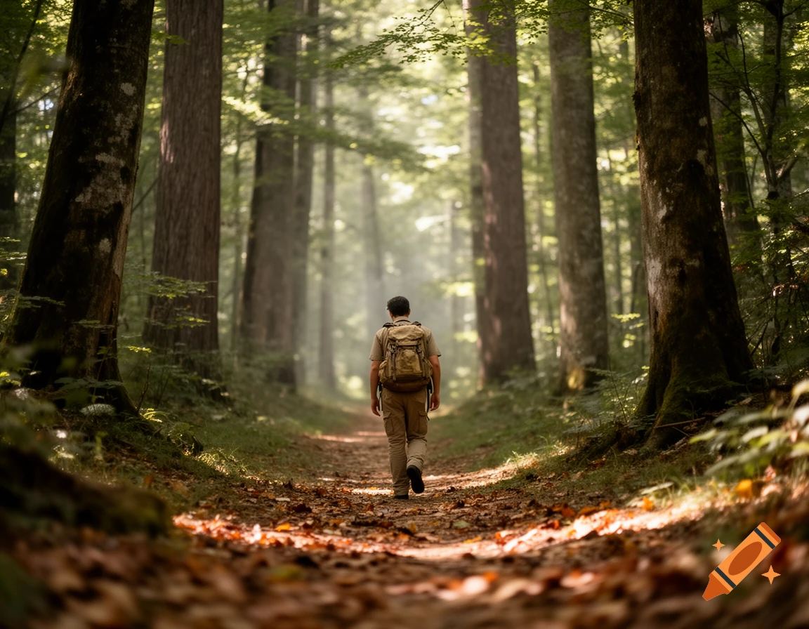 A person with a backpack walks away on a sun-dappled forest path surrounded by tall trees.