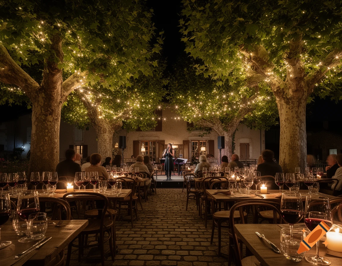 An outdoor restaurant at night with string lights on large trees, tables set with wine glasses, and a singer on a stage in the background.