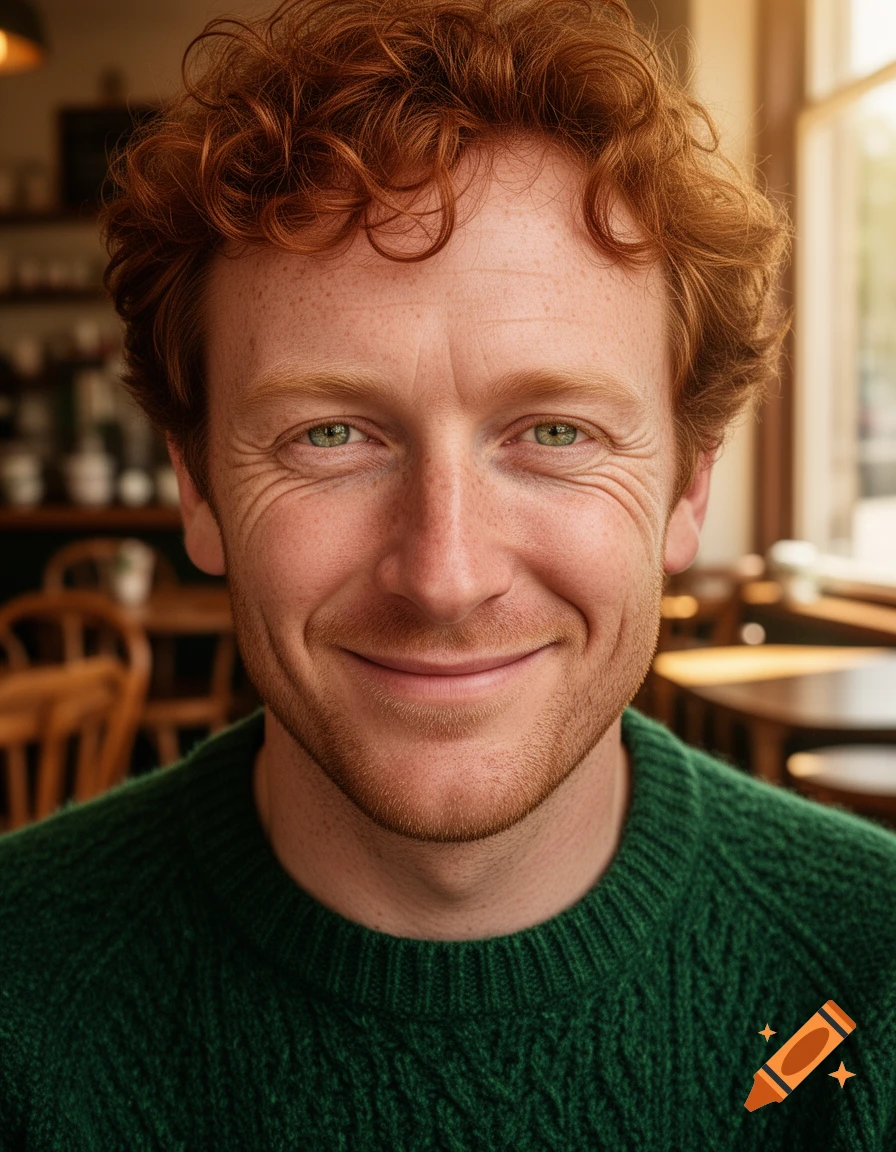 Close-up photorealistic portrait of a smiling man with red curly hair, green eyes, and freckles, wearing a green knitted sweater.