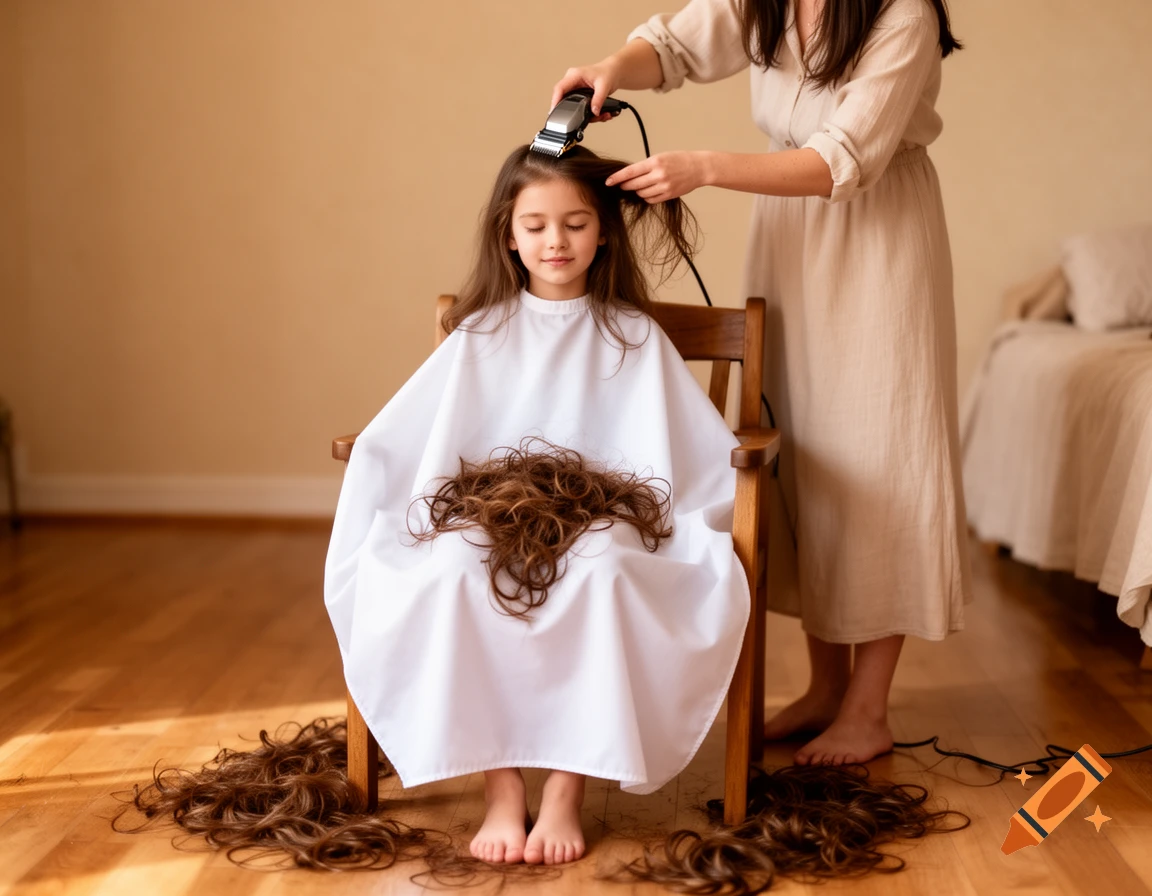 A young girl in a white cape gets her long brown hair shaved by an adult with clippers, hair on her lap and floor. Photorealistic.