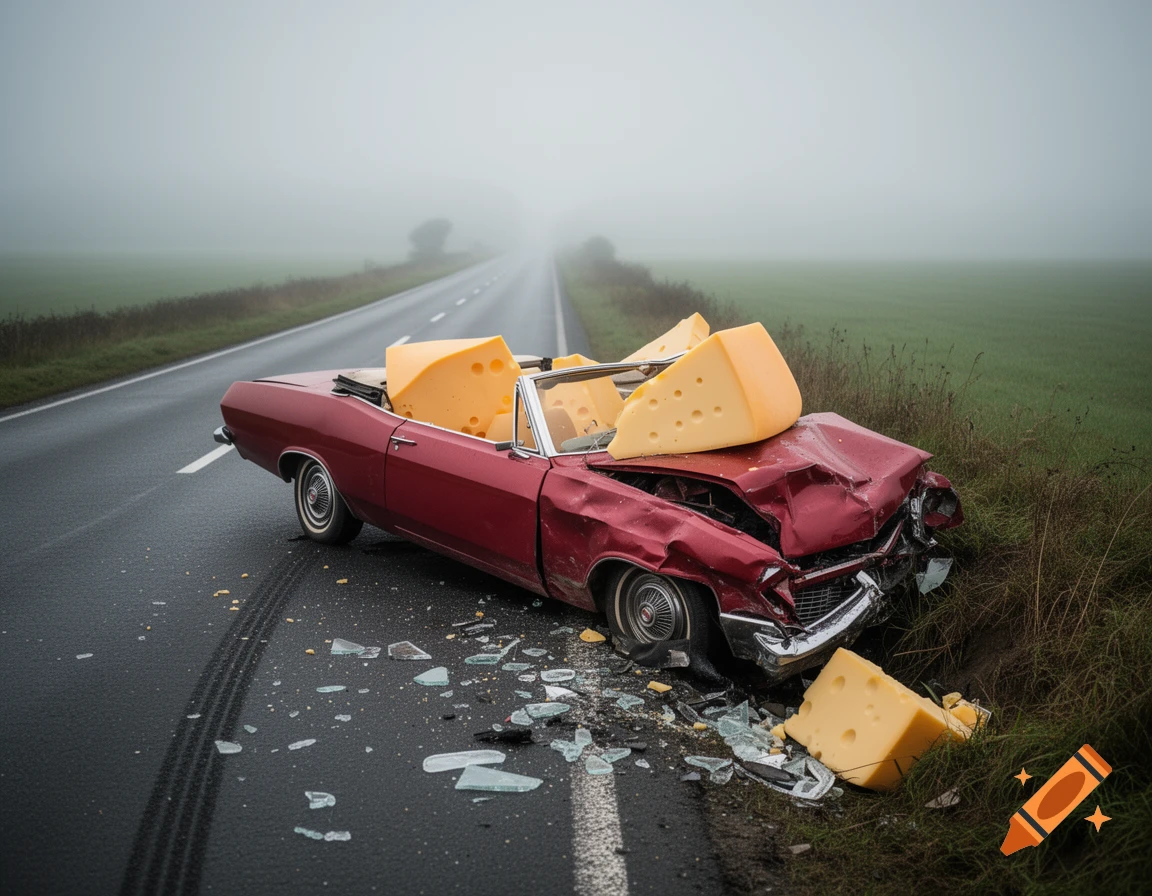 A red vintage convertible is crashed on a foggy rural road, with large wedges of Swiss cheese scattered around and inside the wreckage, glass shards on the asphalt.