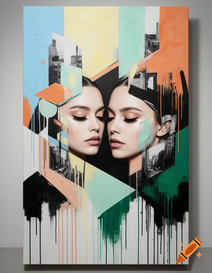 Abstract art portrait of two women's faces with closed eyes, geometric shapes, cityscapes, paint drips, and pastel colors.