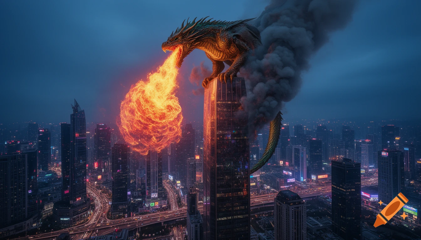 A photorealistic dragon perched atop a skyscraper in a sprawling city at night, breathing a massive ball of fire.