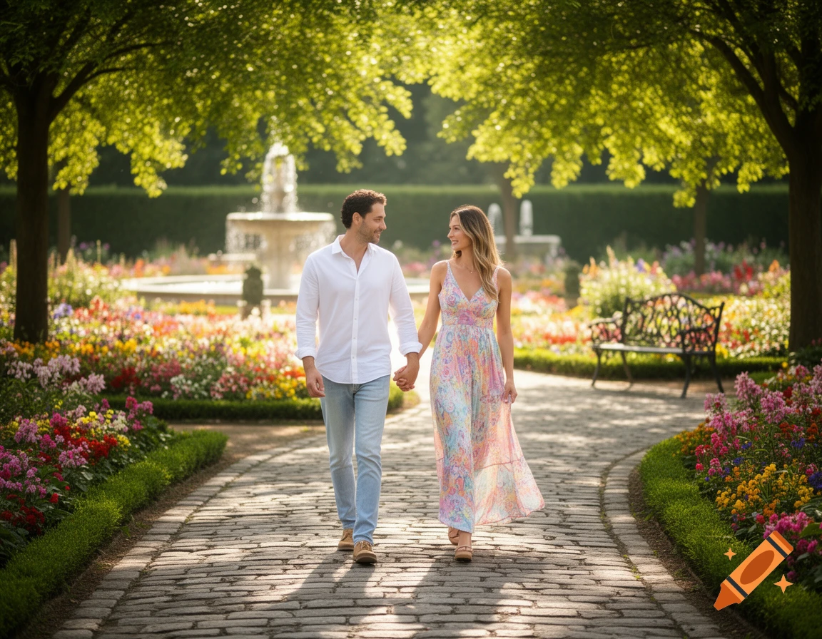 A man and a woman holding hands while walking on a cobblestone path in a lush garden with colorful flowers and a fountain.