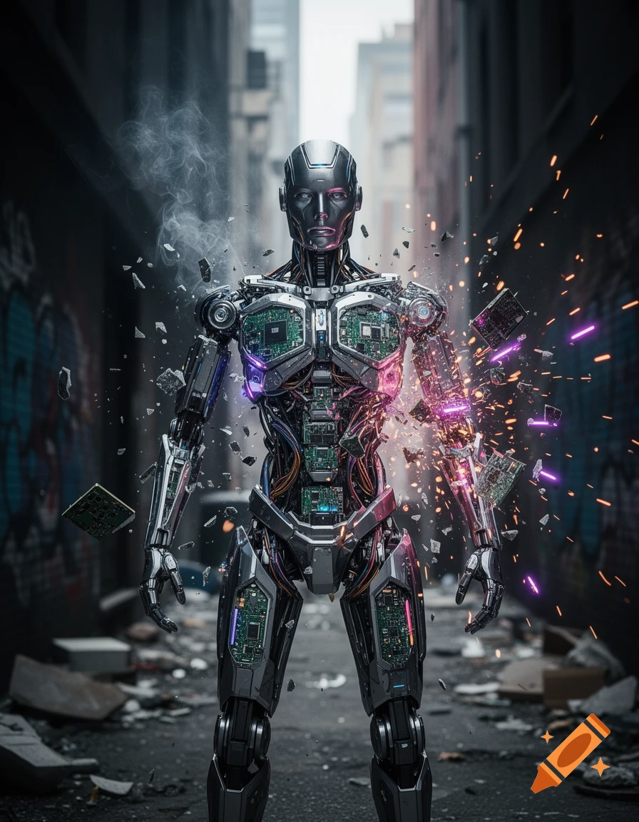A photorealistic metallic robot with glowing circuitry explodes amidst smoke and sparks in a dark, debris-filled urban alley.