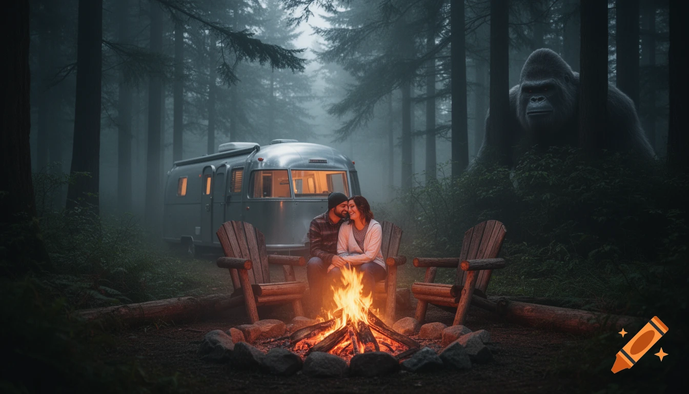 A couple sits by a campfire in a misty forest with a vintage camper, while a large gorilla-like figure watches from the shadows.