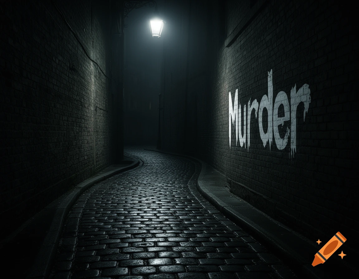 A dark, winding cobblestone alley at night with a street lamp and the word "Murder" spray-painted on a brick wall.