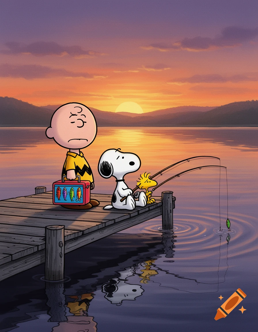 Charlie Brown, Snoopy, and Woodstock fishing from a wooden dock at sunset, reflected in the water, cartoon style.