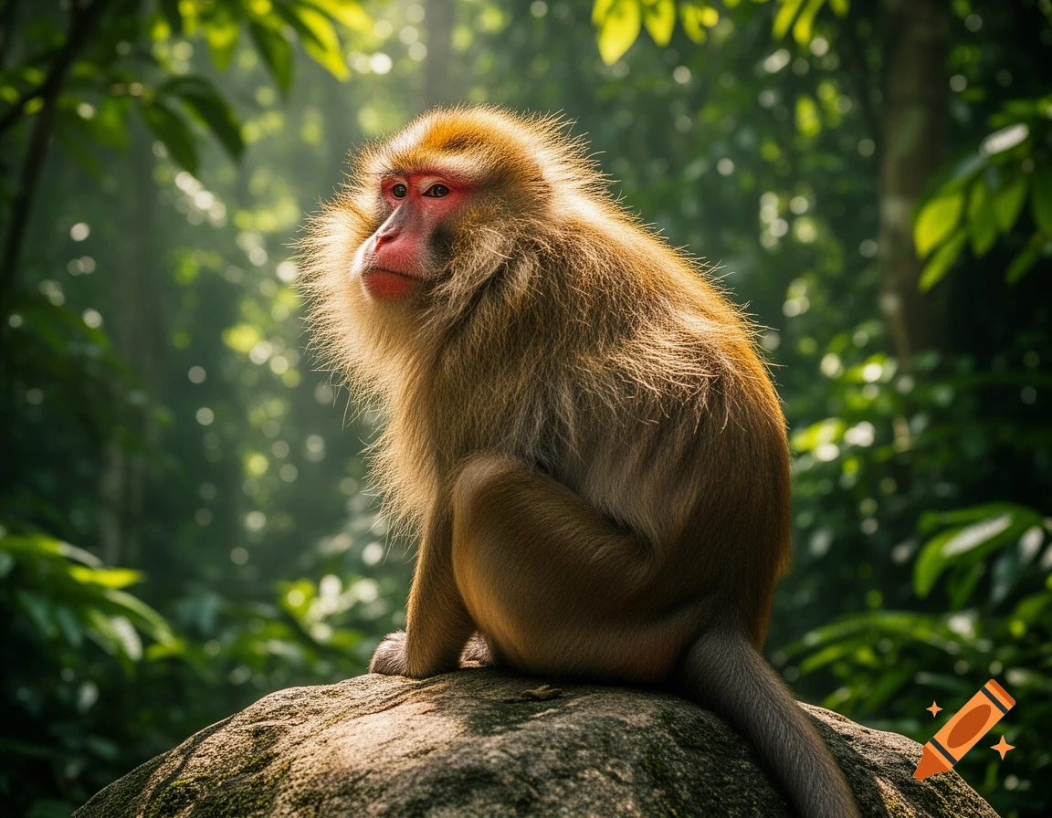 A brown monkey with a reddish face sits on a mossy rock in a sunlit jungle, looking left.