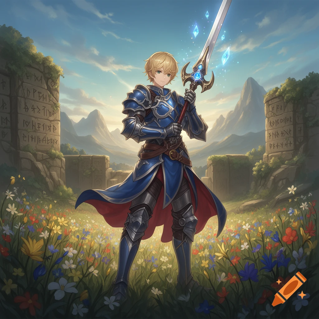 Anime-style blonde knight in blue armor holding a glowing sword, standing in a field of wildflowers amidst ancient ruins.