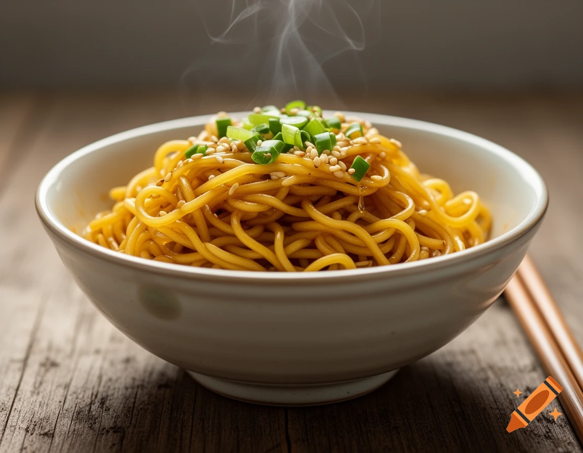 A bowl of steaming noodles topped with green onions and sesame seeds, on a wooden table.