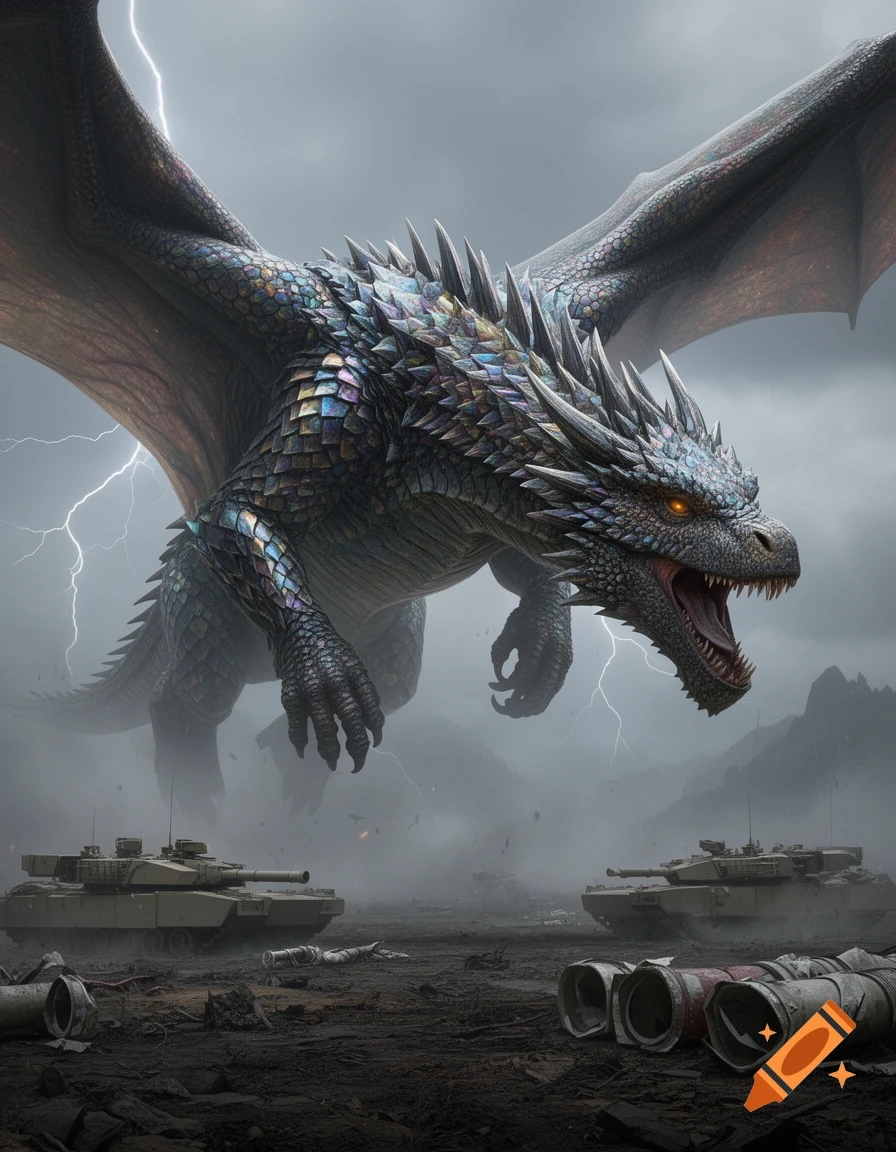 A massive iridescent dragon with glowing eyes flies over a desolate battlefield where modern tanks are present, amidst lightning and a stormy sky.