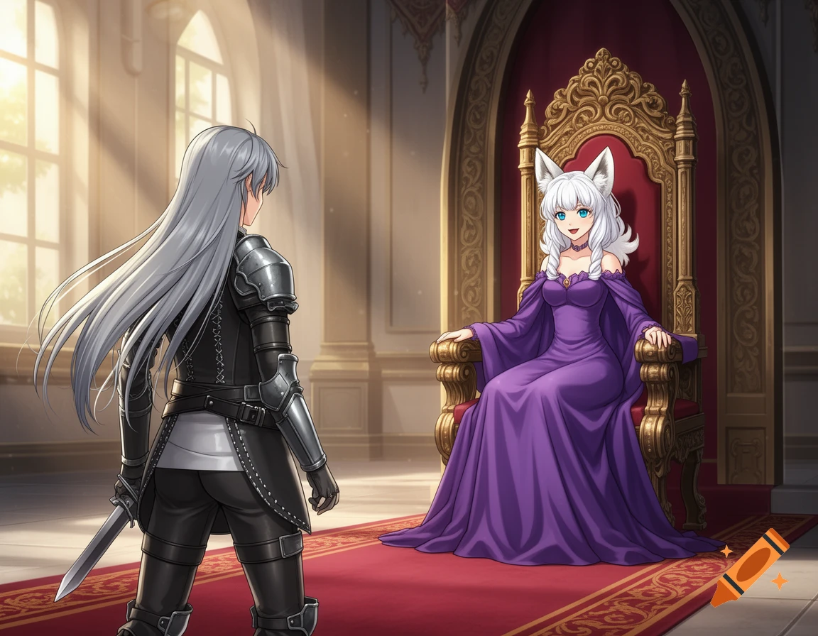 An anime mercenary with silver hair and armor faces a white-haired queen with fox ears on a golden throne.