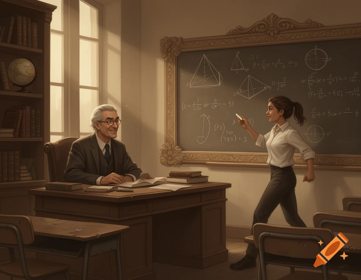 A male professor sits at a desk, smiling at a female student writing on a blackboard in a sunlit classroom.