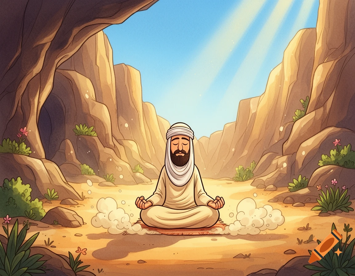 Cartoon of a bearded man in robes meditating in a desert landscape with caves and sunrays.