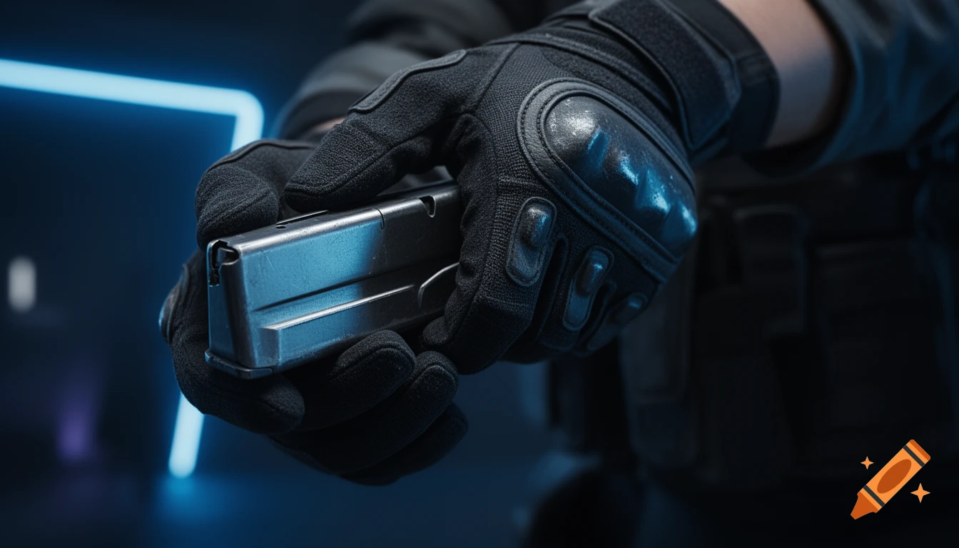 Close-up of a gloved hand holding a firearm magazine in a dark, tactical setting with blue neon lighting, cinematic style.