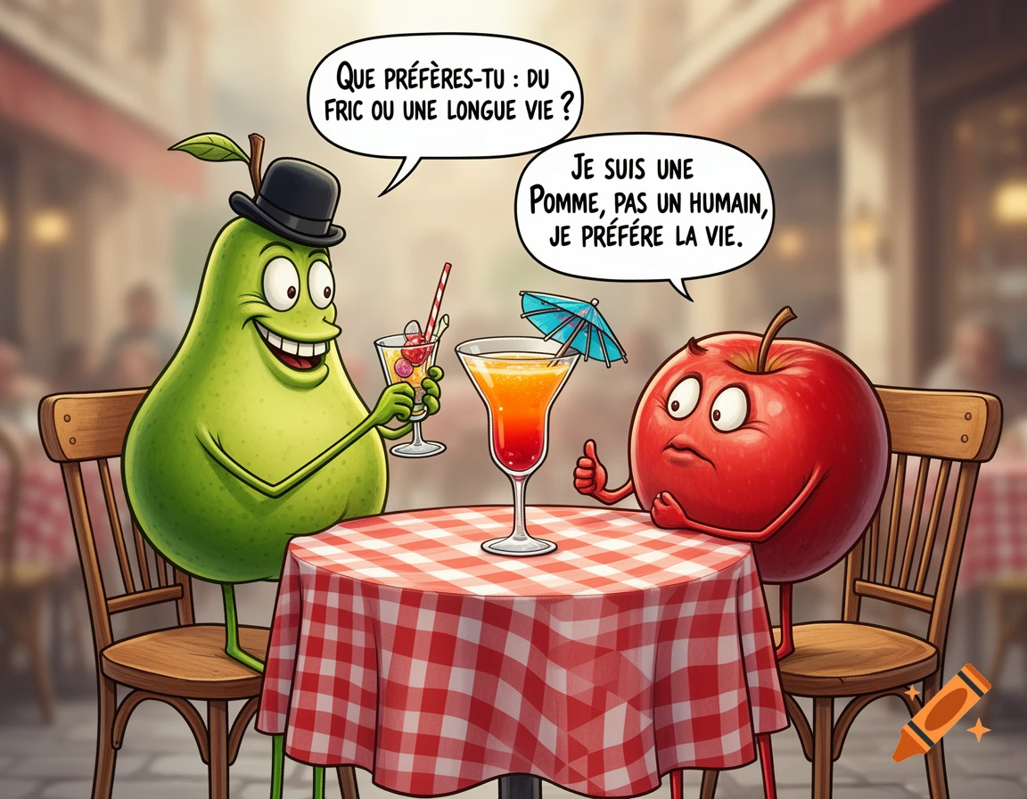 A humorous cartoon shows a pear and an apple talking at a bistro table with cocktails. The pear asks about money or long life, and the apple replies it prefers life.