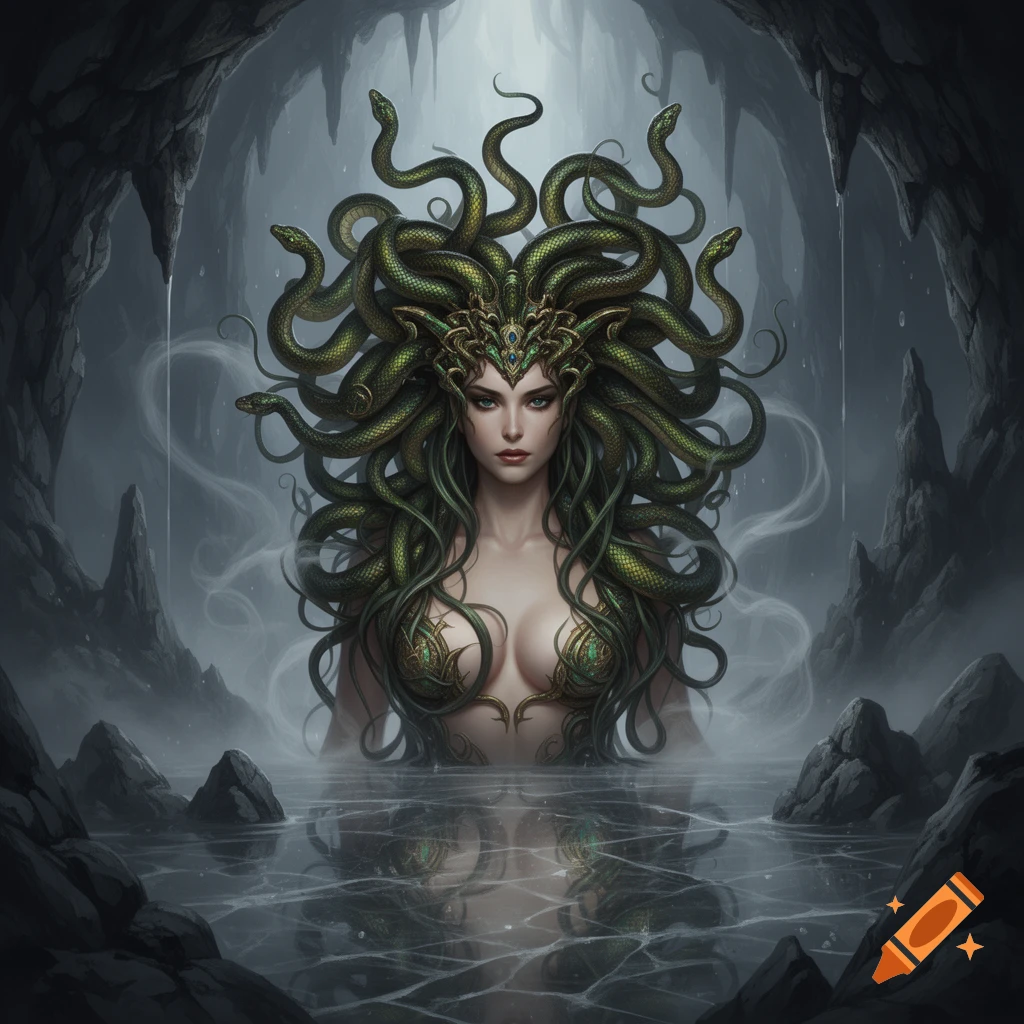 Medusa with snakes for hair and a golden crown emerges from dark cave water, her reflection visible below.