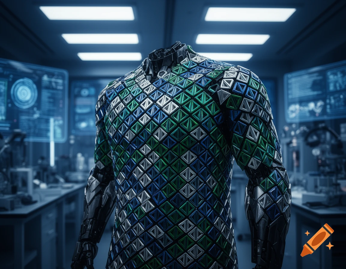 Headless mannequin wearing a futuristic suit with green, blue, and silver triangular scales, in a sci-fi lab.