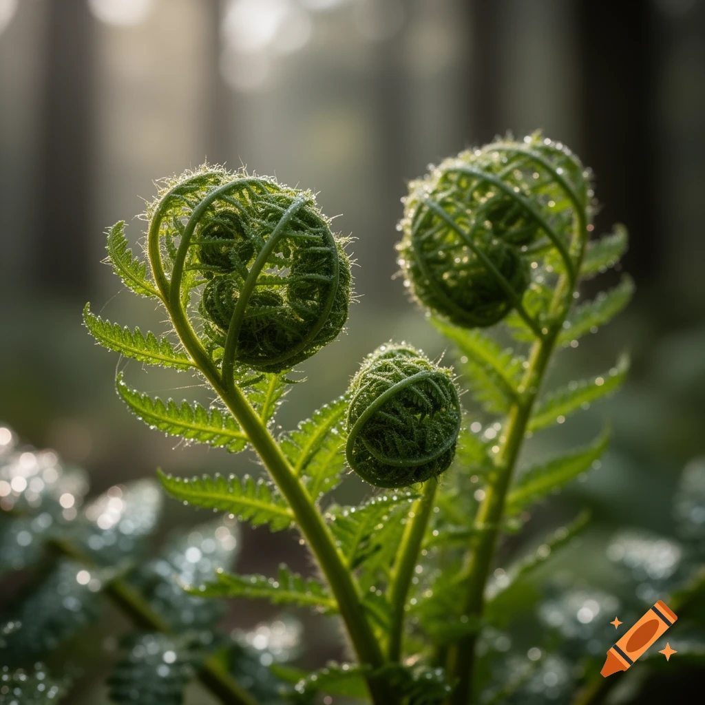 Close-up of three young, coiled fern fronds covered in dewdrops, bathed in soft, misty sunlight.