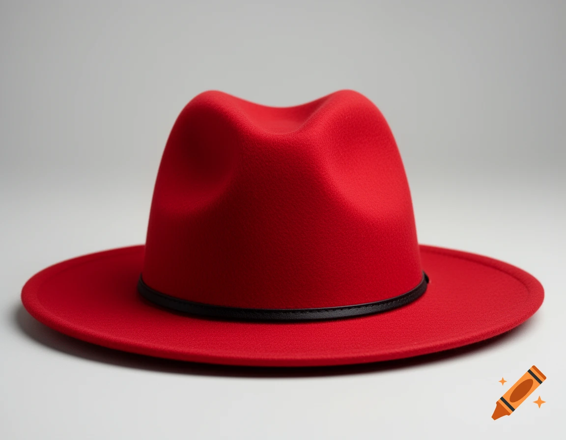 A red fedora hat with a black band on a white background.