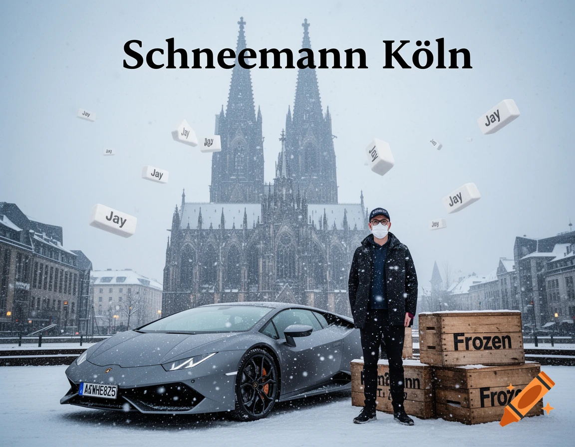 A man in a mask, glasses, and cap stands next to a gray Lamborghini in a snowy Cologne city square, with the Cologne Cathedral in the background. White blocks with 'Jay' float in the air, and wooden crates with 'Frozen' are next to the car. "Schneemann Köln" text is at the top, and snow falls.