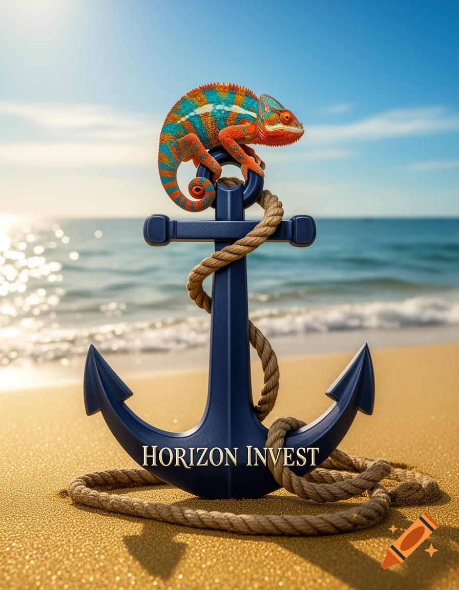 A vibrantly colored chameleon rests on a blue anchor with 'HORIZON INVEST' on a sunny sandy beach by the ocean.