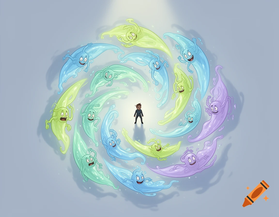 A cartoon boy stands in the center, surrounded by a swirling spiral of colorful, smiling, ghost-like creatures.