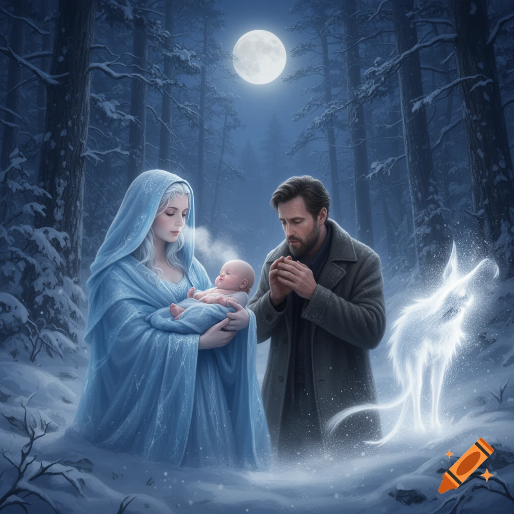 A woman in a blue gown holds a baby, a man prays beside her, and a glowing spirit wolf stands in a snowy forest under a full moon.