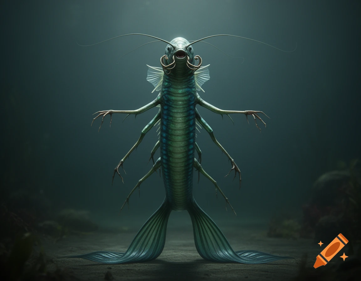 A detailed, full-body shot of a bipedal, insect-like aquatic alien creature with an eel body, many clawed limbs, long antennae, and curled mouthparts, standing on a dark seabed.