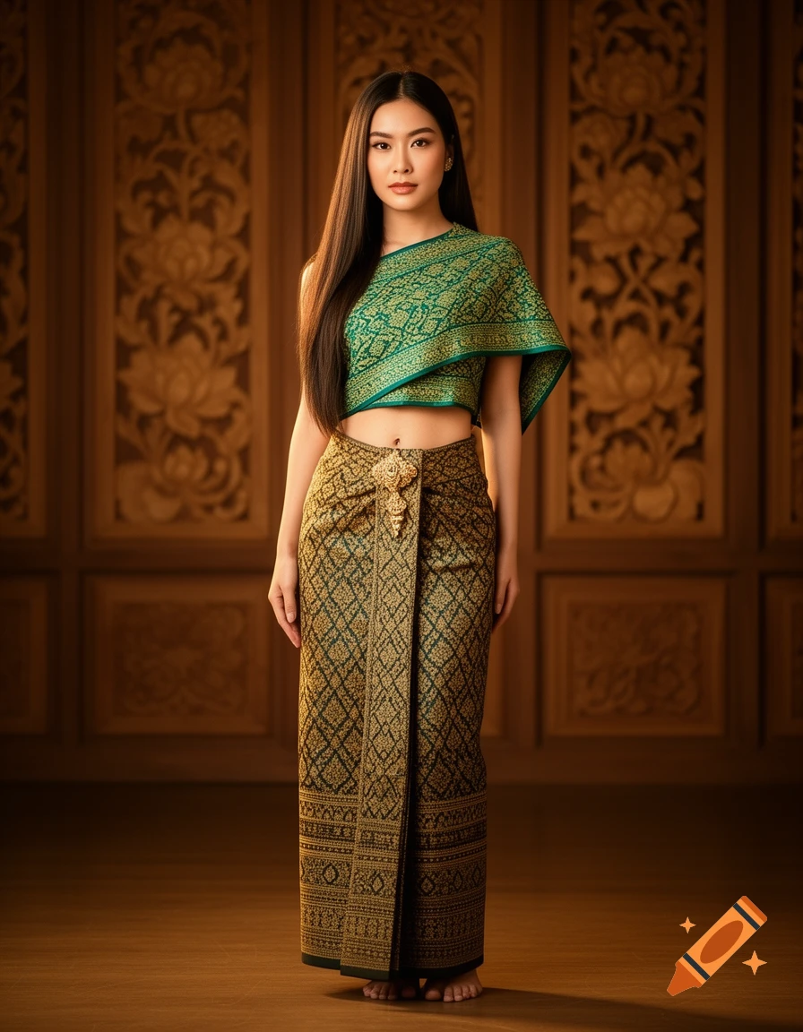 A beautiful Thai woman in a green and gold traditional crop top and skirt stands elegantly in a room with ornate wooden panels.